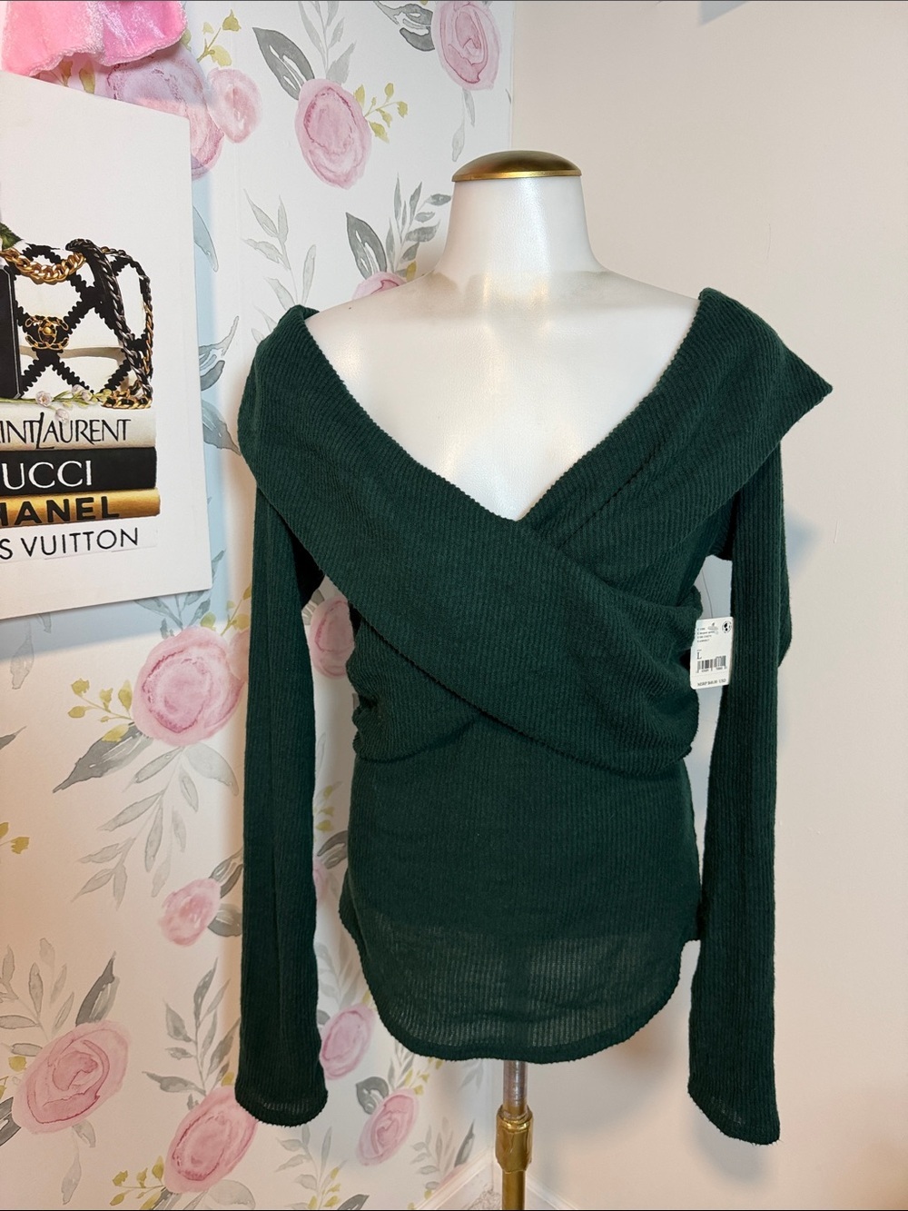 Free People Deepest Spruce Off-Shoulder Crossover Sweater